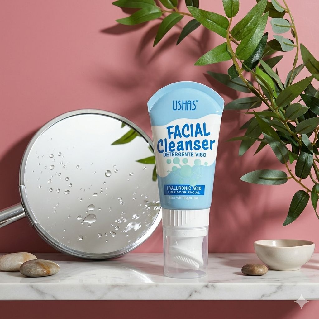 USHAS Facial Cleanser - Detergente Viso con Acido Ialuronico e Spazzola Integrata