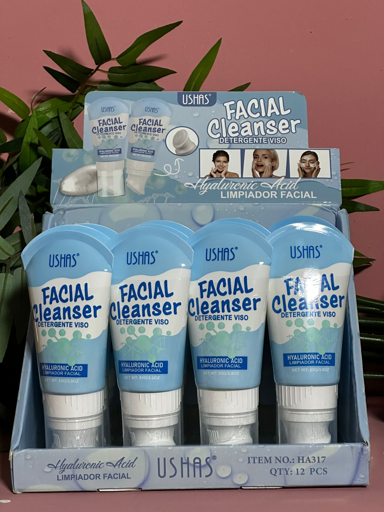 USHAS Facial Cleanser - Detergente Viso con Acido Ialuronico e Spazzola Integrata